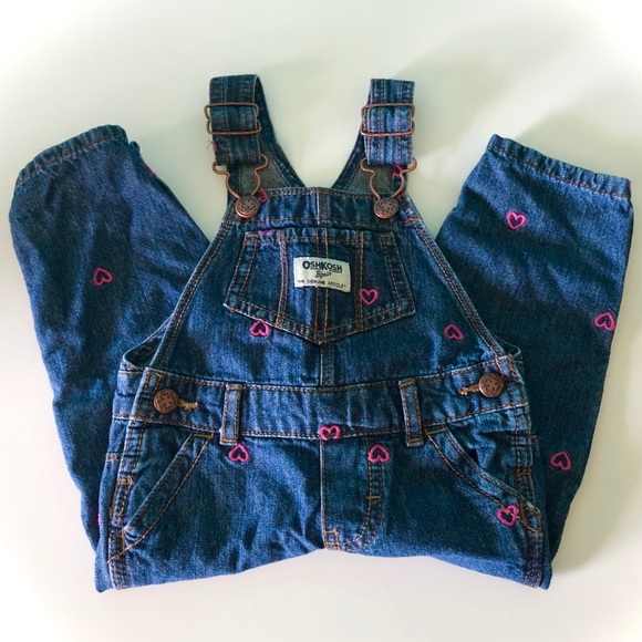 12 Month Denim Osh Kosh Overalls - Pink Hearts - Picture 1 of 8
